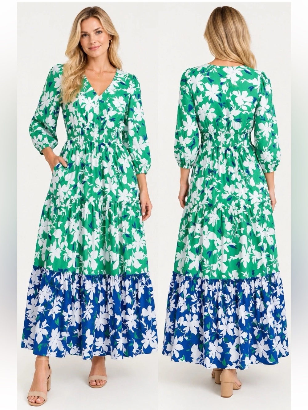 Southern Tide Dress Green Blue Floral Maxi V-Neck Long Sleeve Size S